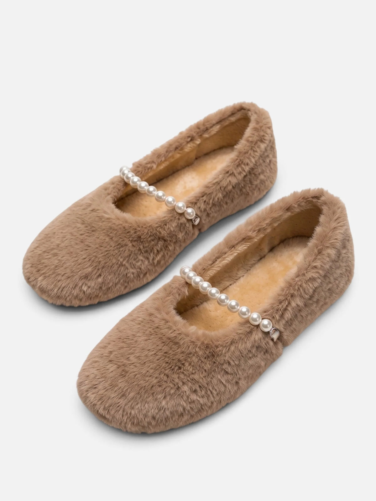 Women's Faux Fur Pearl Strap Ballet Flats