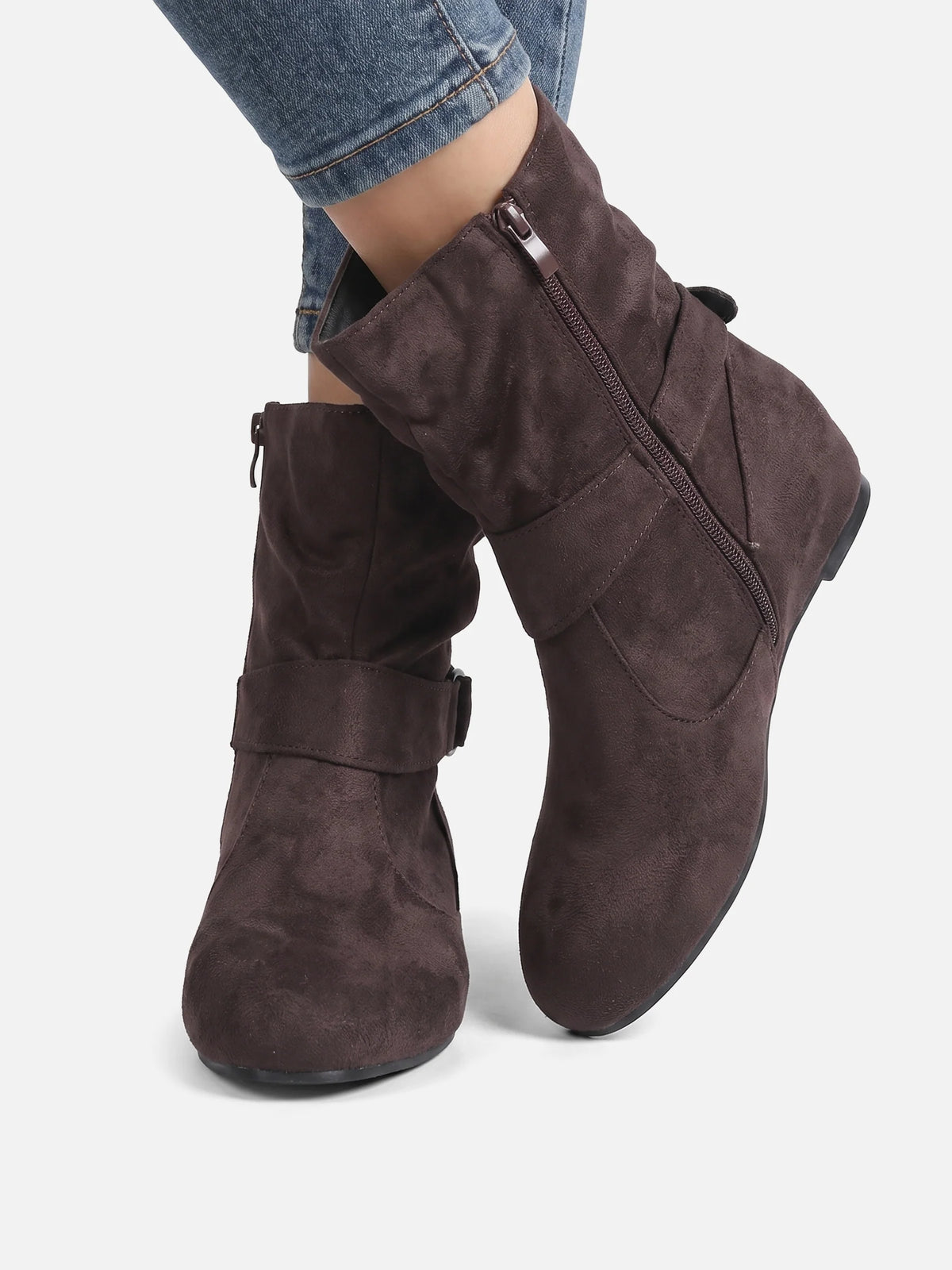 Women's Suede Look Slouchy Buckle Ankle Boots