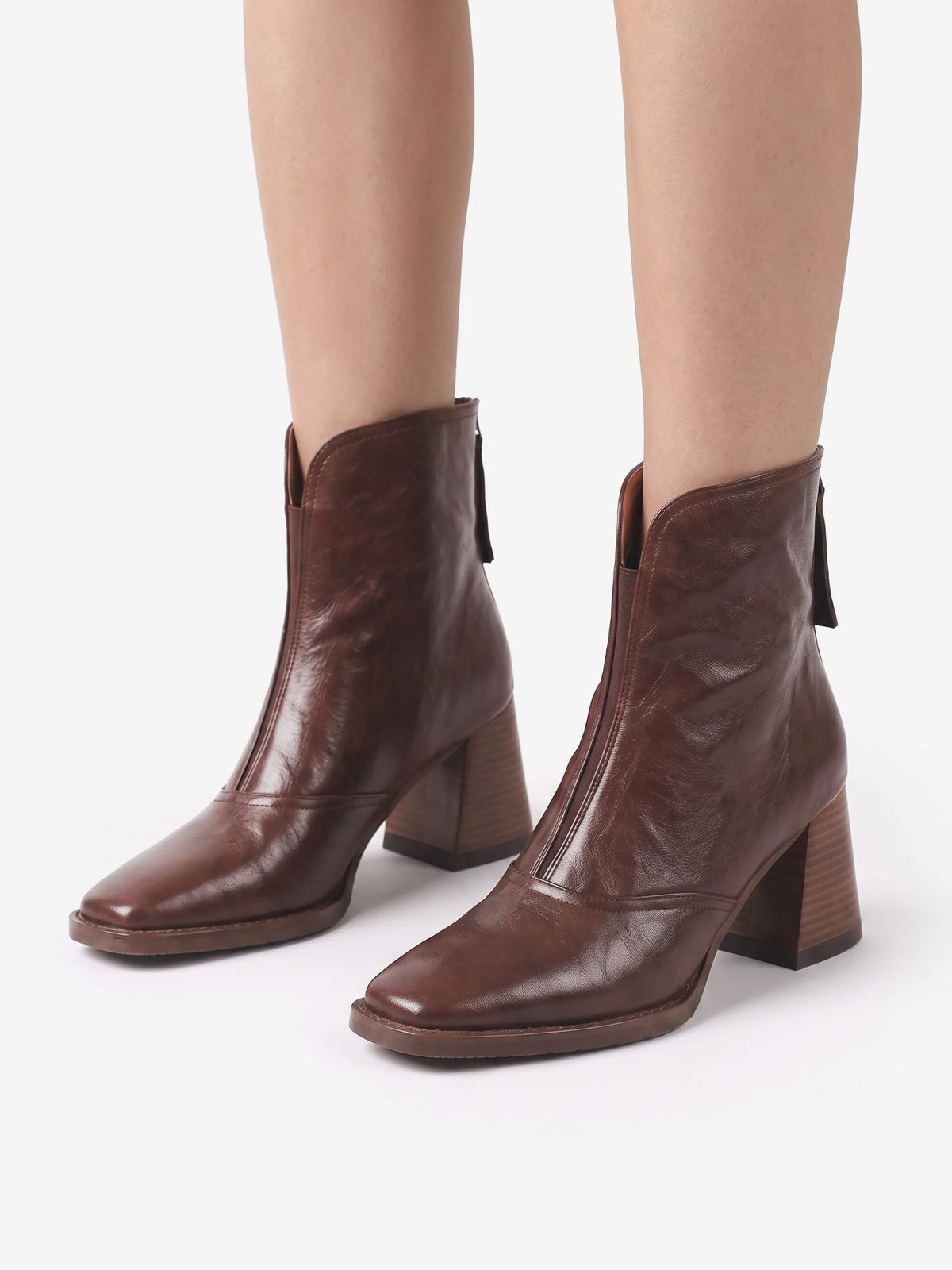 Women's Leather Square Toe Block Heel Ankle Boots