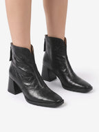 Women's Leather Square Toe Block Heel Ankle Boots