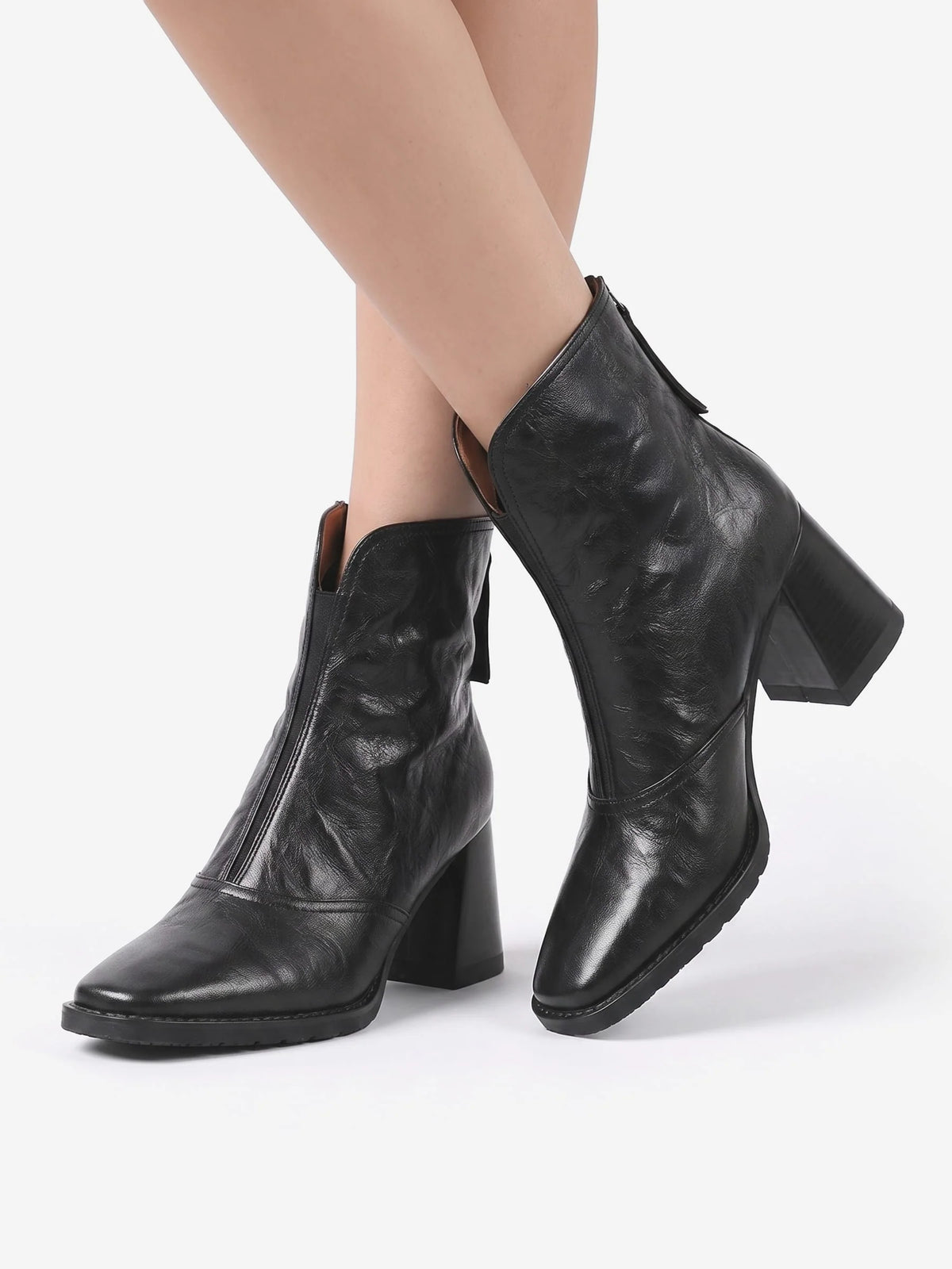 Women's Leather Square Toe Block Heel Ankle Boots