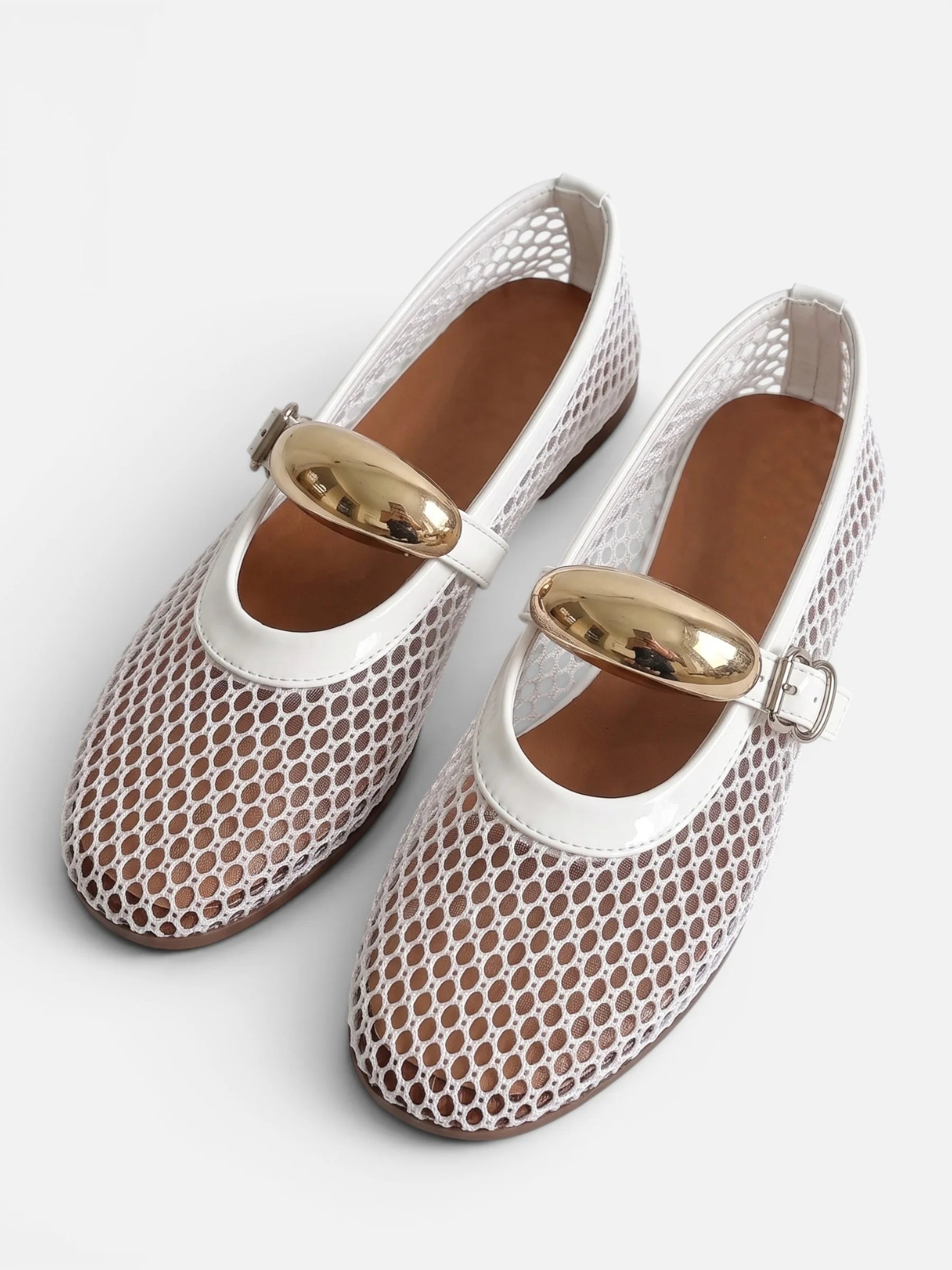 Women's Mesh Gold Buckle Mary Jane Flats