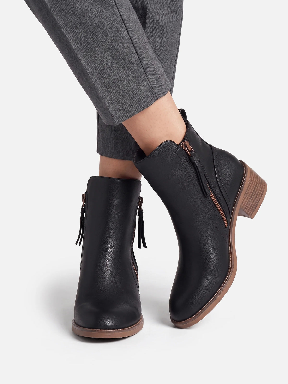 Women's Leather Double Zip Block Heel Ankle Boots