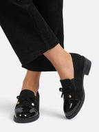 Women's Suede Look Patent Toe Bow Loafers