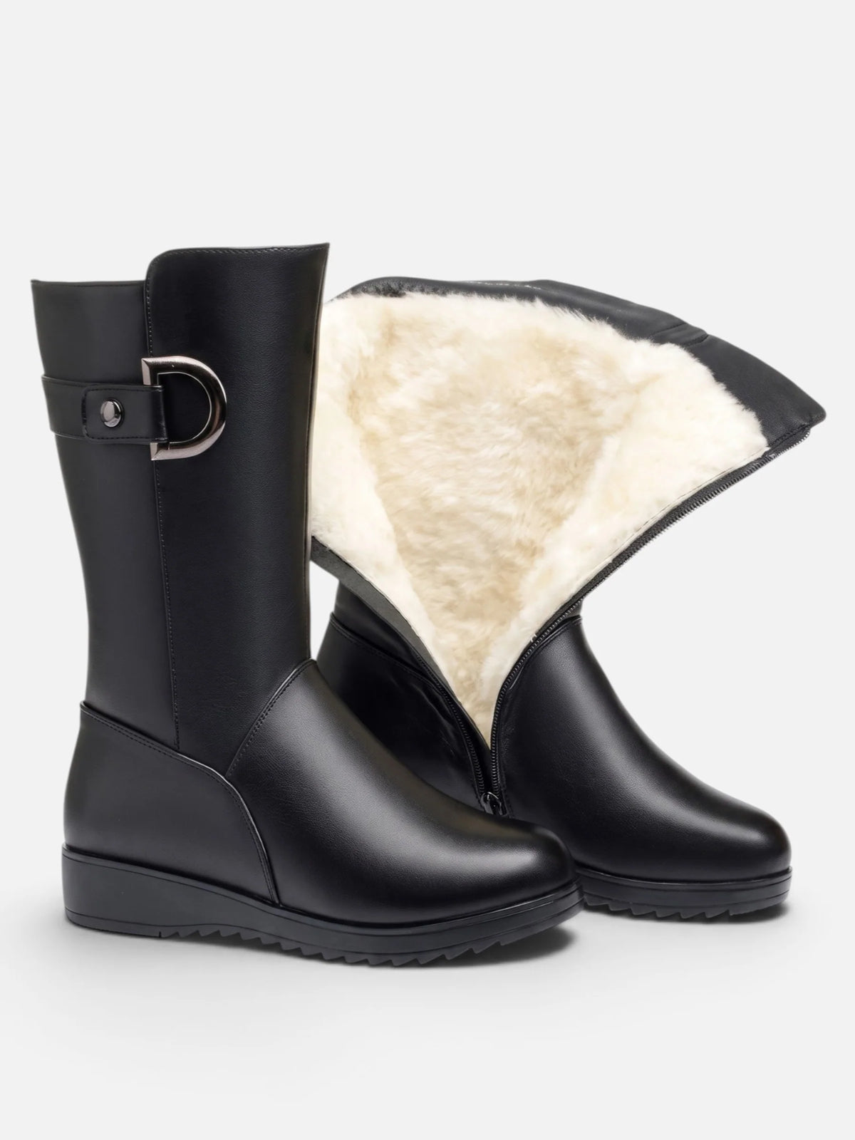 Women's Faux Fur Lined Buckle Wedge Boots