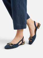 Women's Suede Square Toe Gold Buckle Slingback Flats