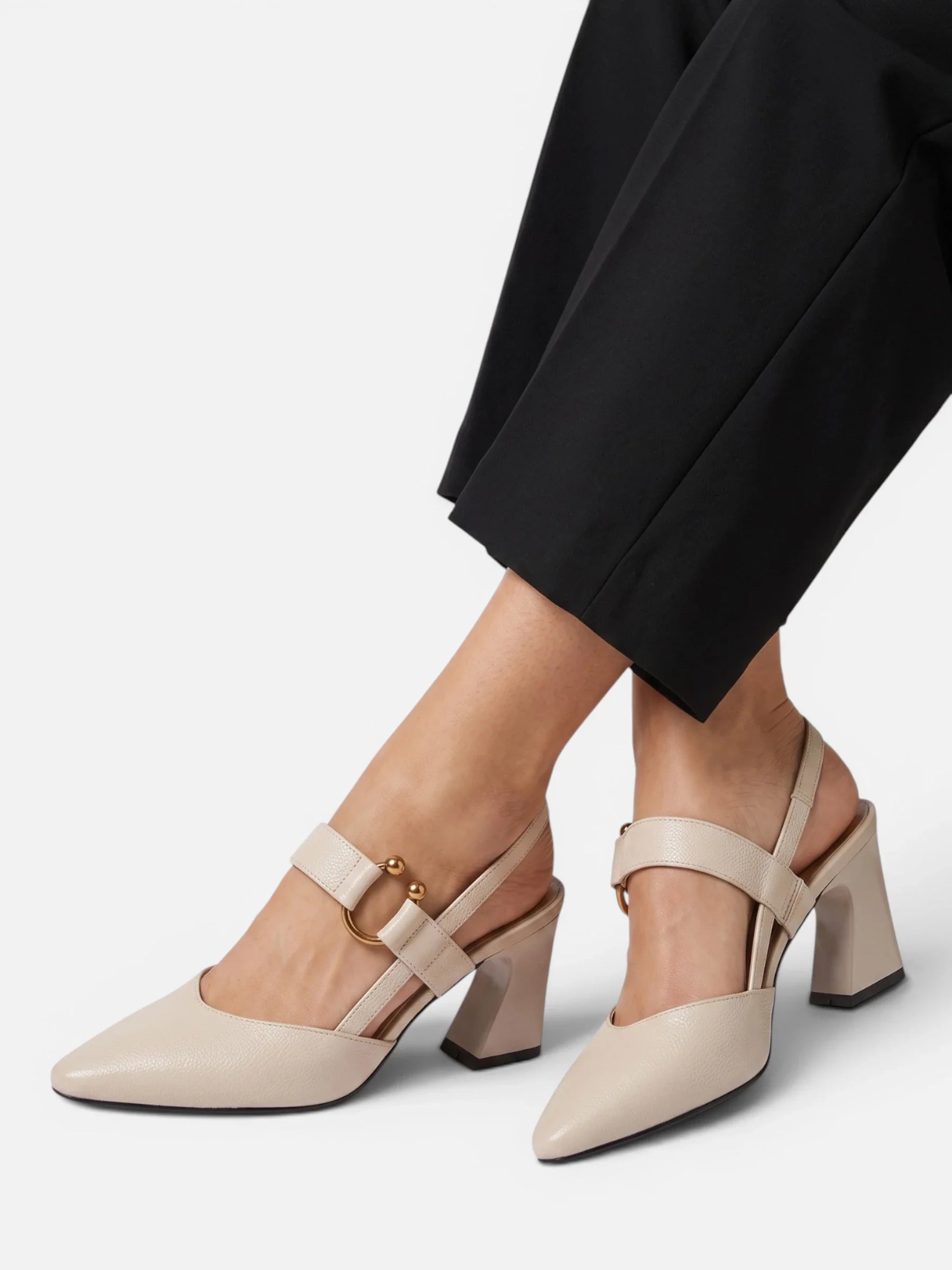 Women's Leather Slingback Buckle Block Heel Pumps