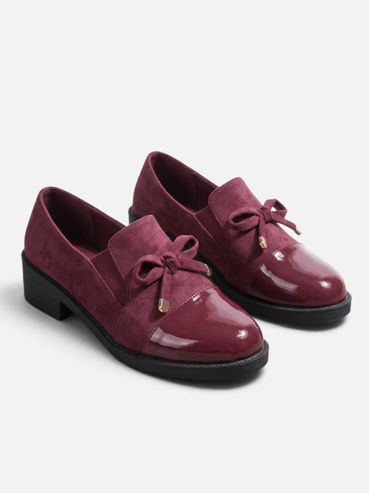 Women's Suede Look Patent Toe Bow Loafers
