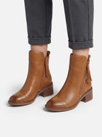 Women's Leather Double Zip Block Heel Ankle Boots
