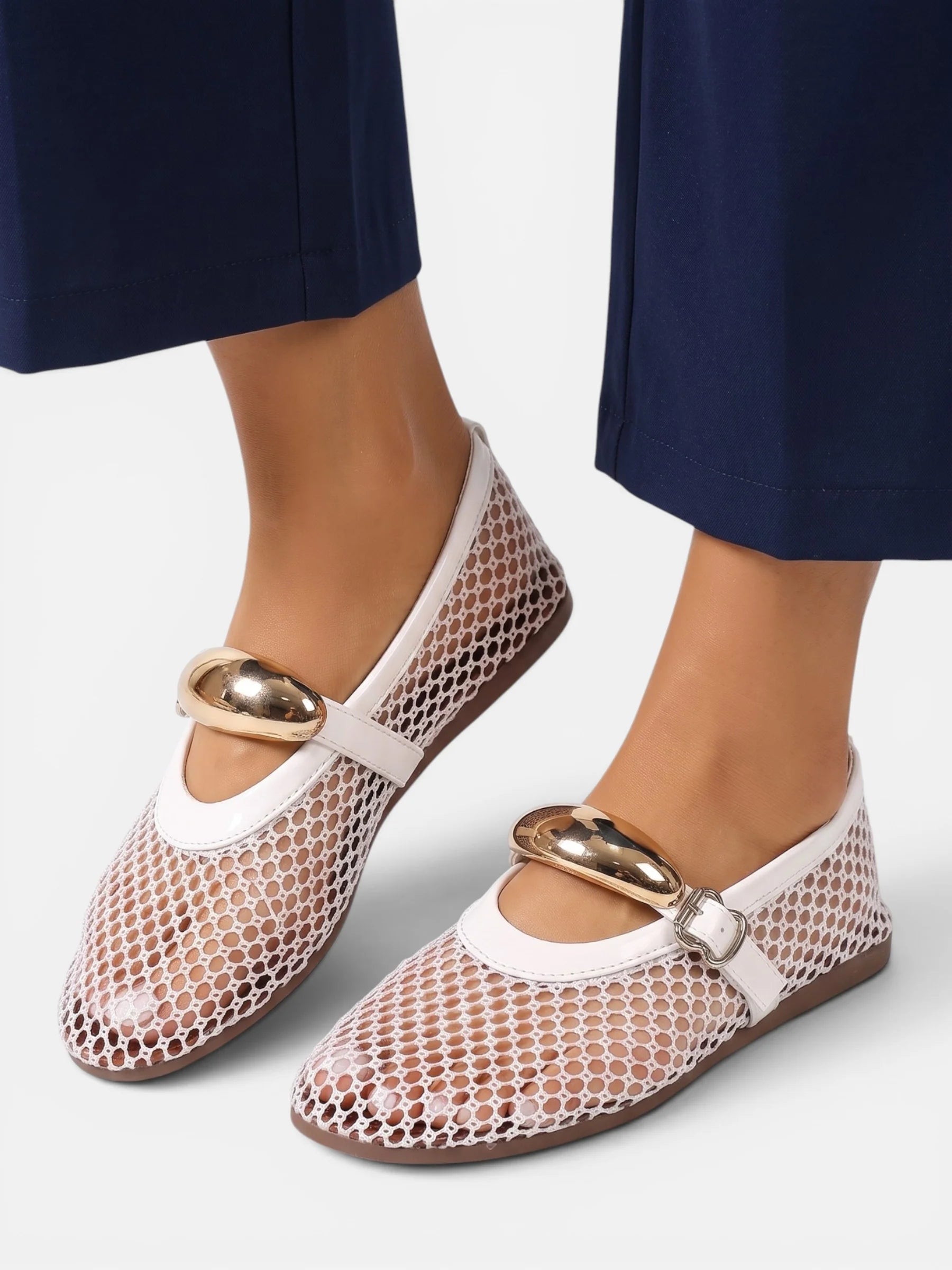 Women's Mesh Gold Buckle Mary Jane Flats