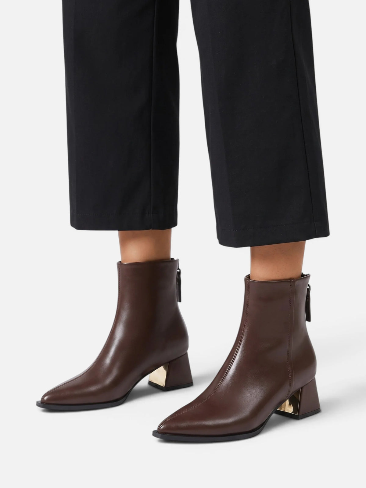 Women's Leather Pointed Toe Block Heel Ankle Boots