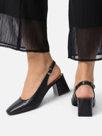 Women's Leather Square Toe Slingback Block Heel Pumps