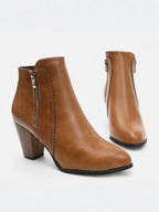 Women's Leather Pointed Toe Block Heel Side Zip Ankle Boots
