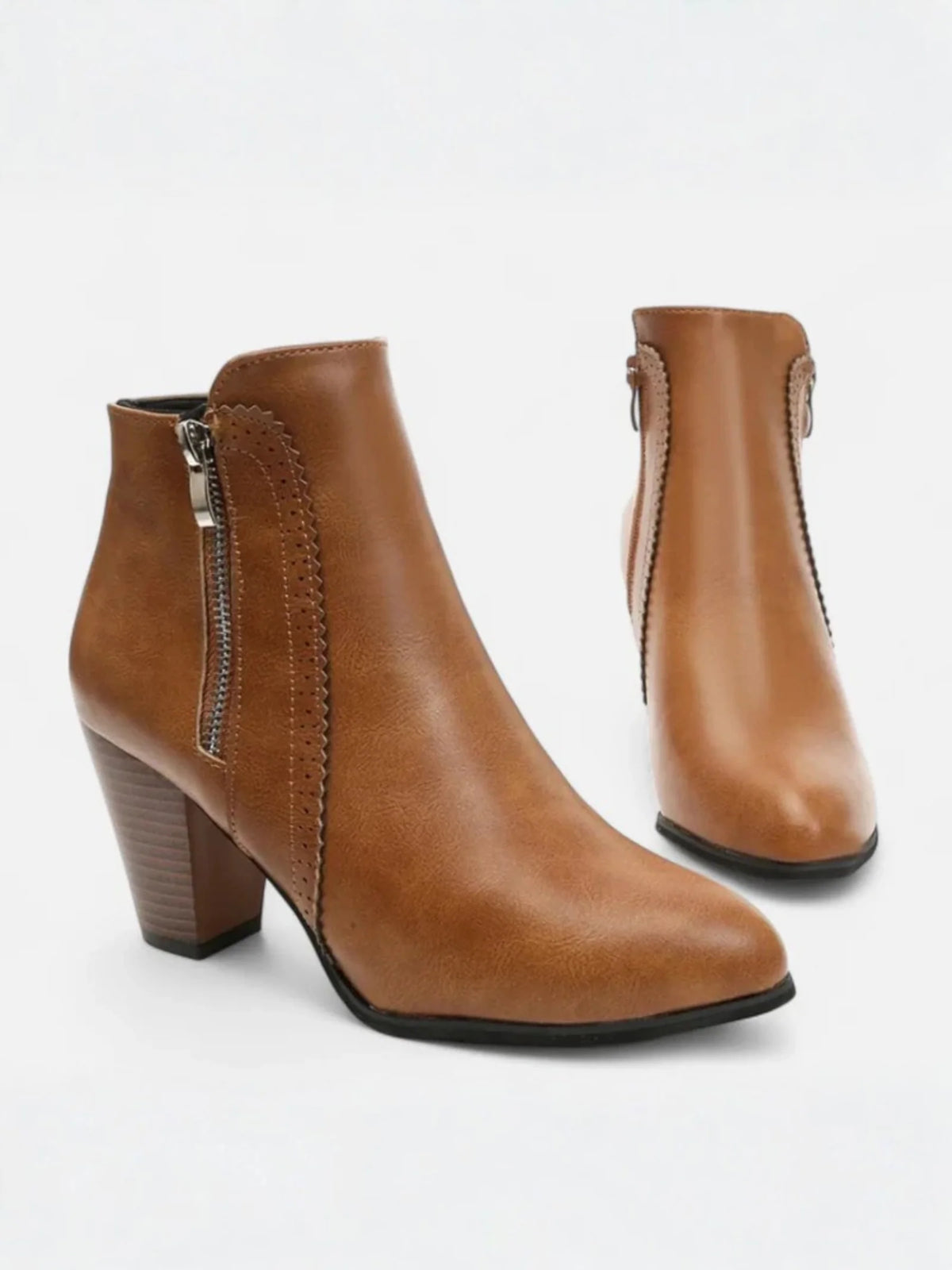 Women's Leather Pointed Toe Block Heel Side Zip Ankle Boots