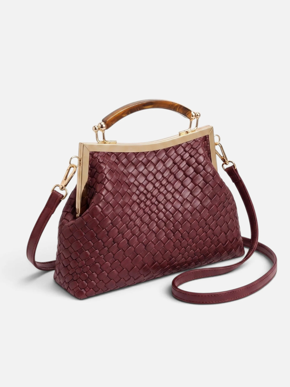 Women's Woven Leather Look Gold Clasp Shoulder Bag