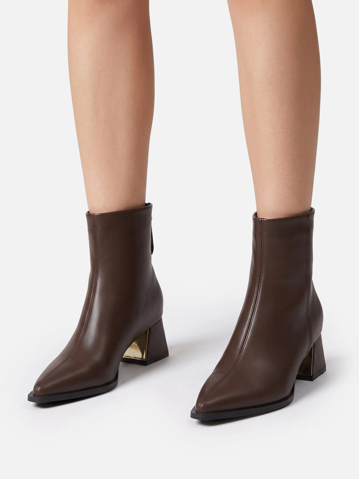 Women's Leather Pointed Toe Block Heel Ankle Boots