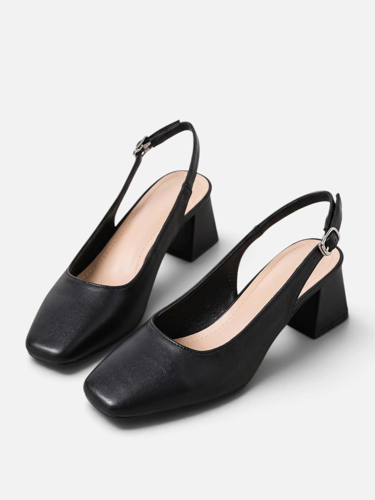 Women's Leather Square Toe Slingback Block Heel Pumps