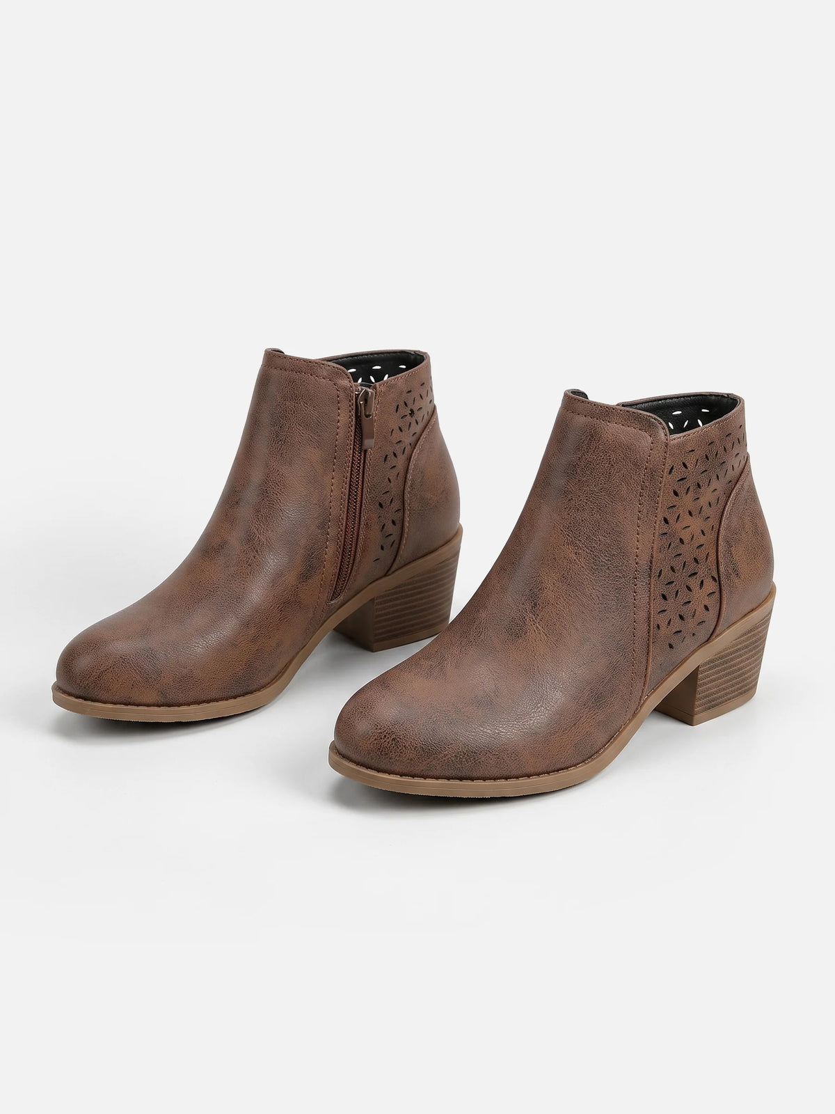 Women's Leather Perforated Block Heel Ankle Boots