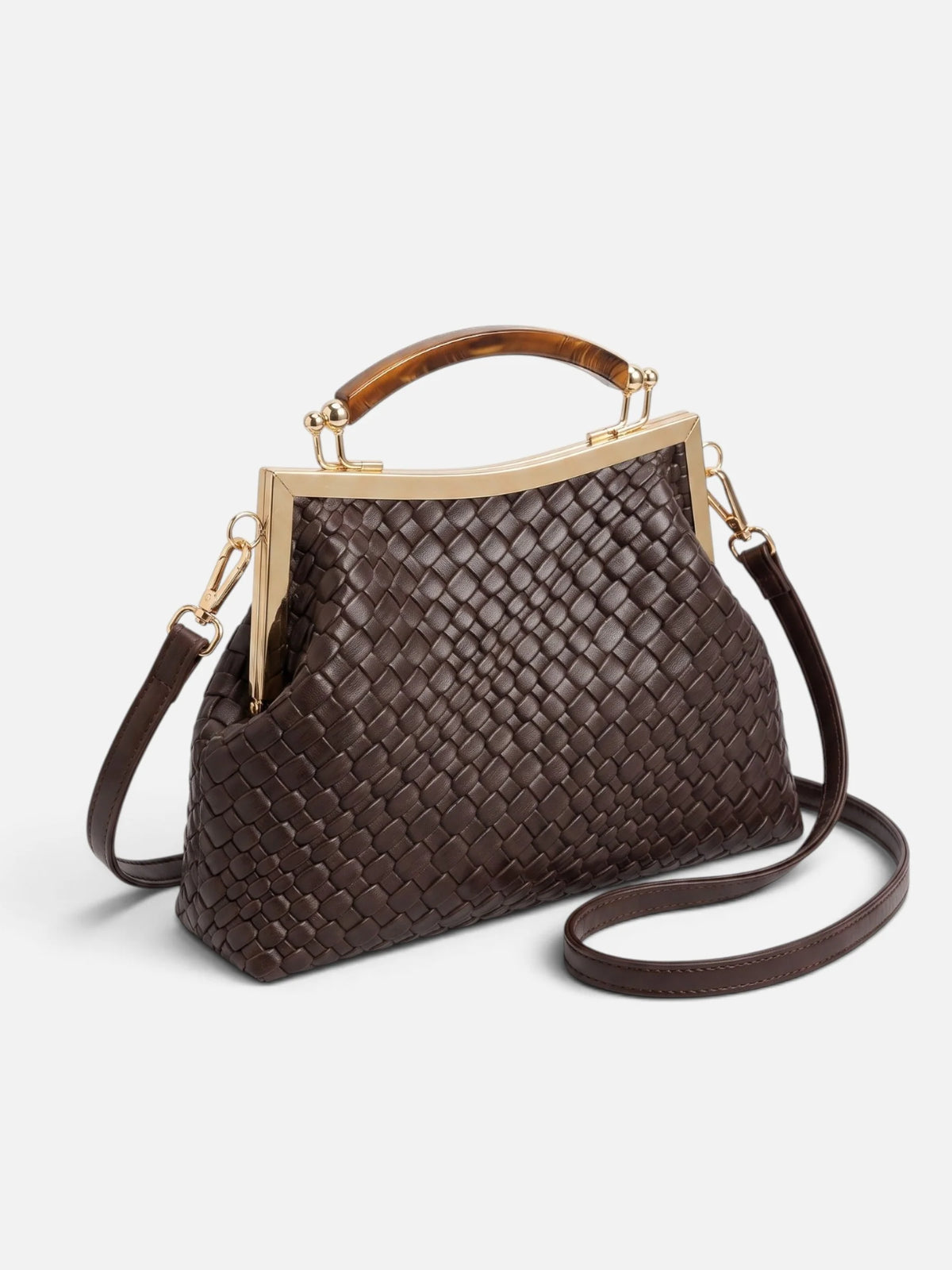 Women's Woven Leather Look Gold Clasp Shoulder Bag