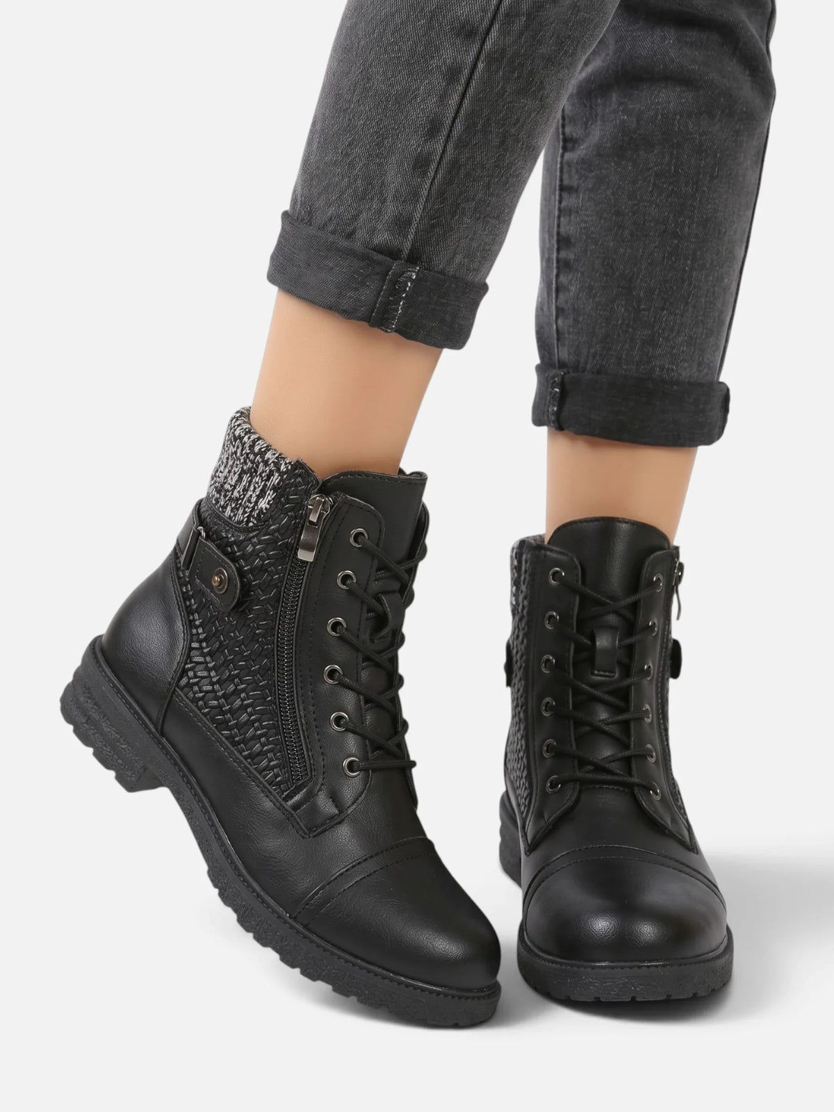 Women's Leather Knit Panel Combat Boots
