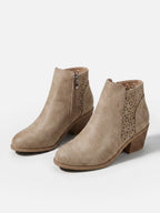 Women's Leather Perforated Block Heel Ankle Boots