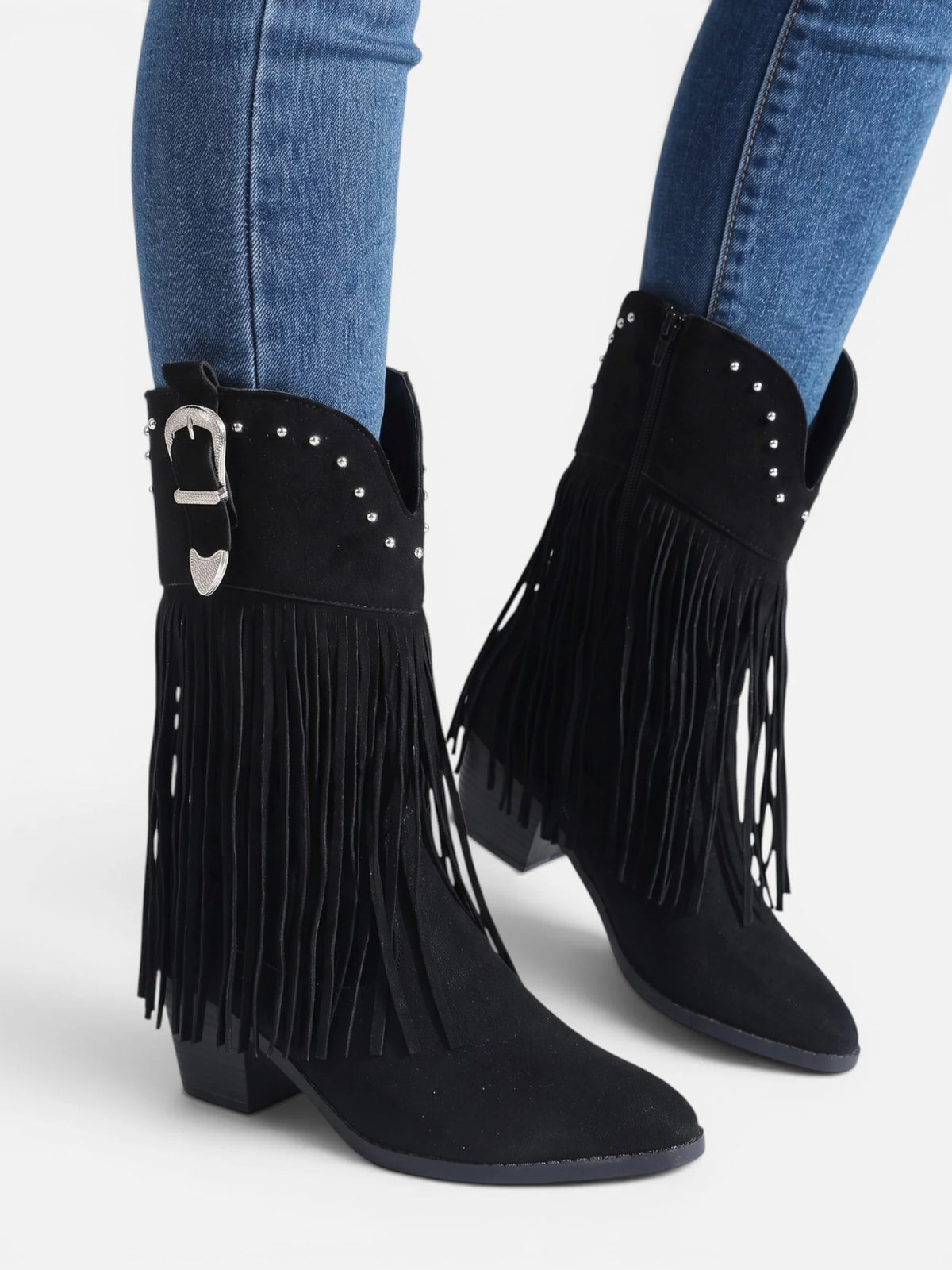 Women's Suede Look Fringe Studded Cowboy Boots