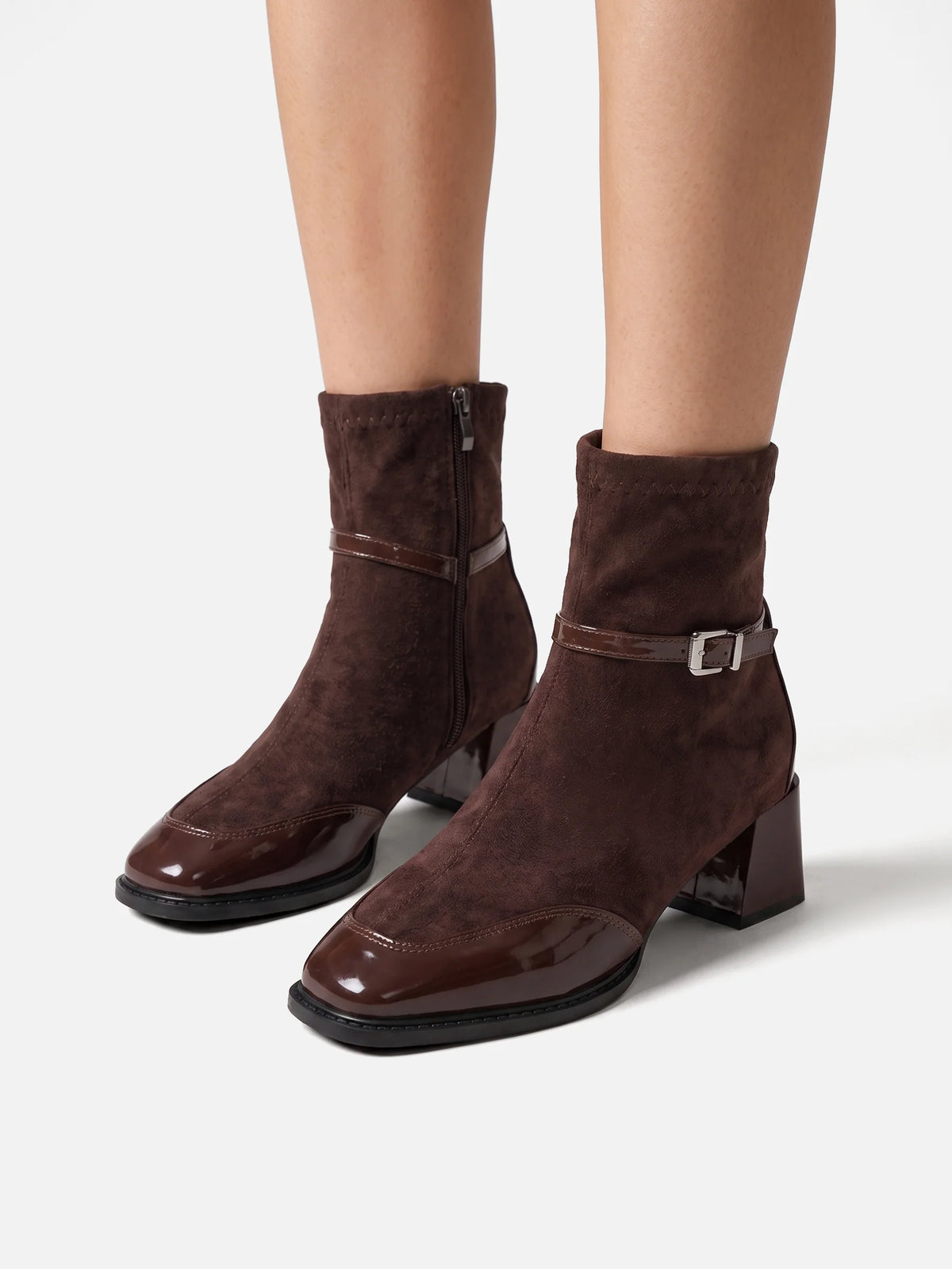 Women's Suede Buckle Block Heel Ankle Boots