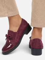 Women's Suede Look Patent Toe Bow Loafers