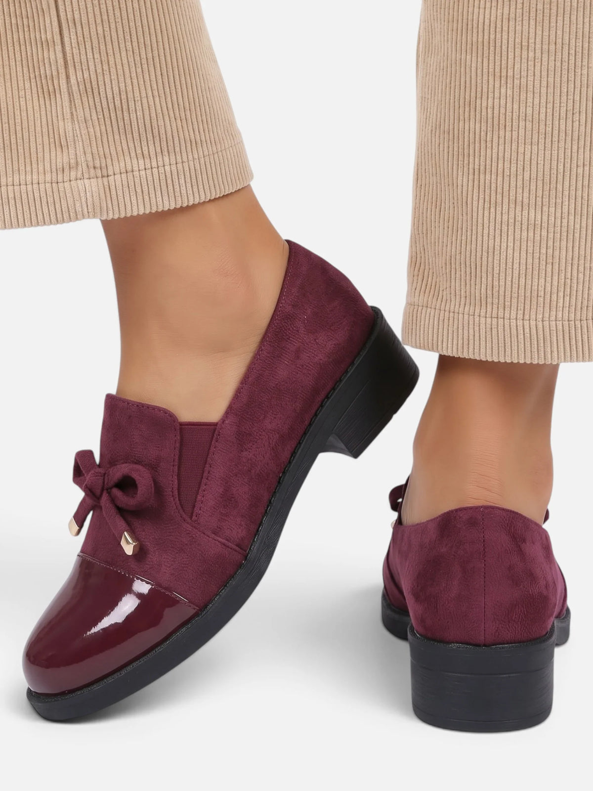 Women's Suede Look Patent Toe Bow Loafers