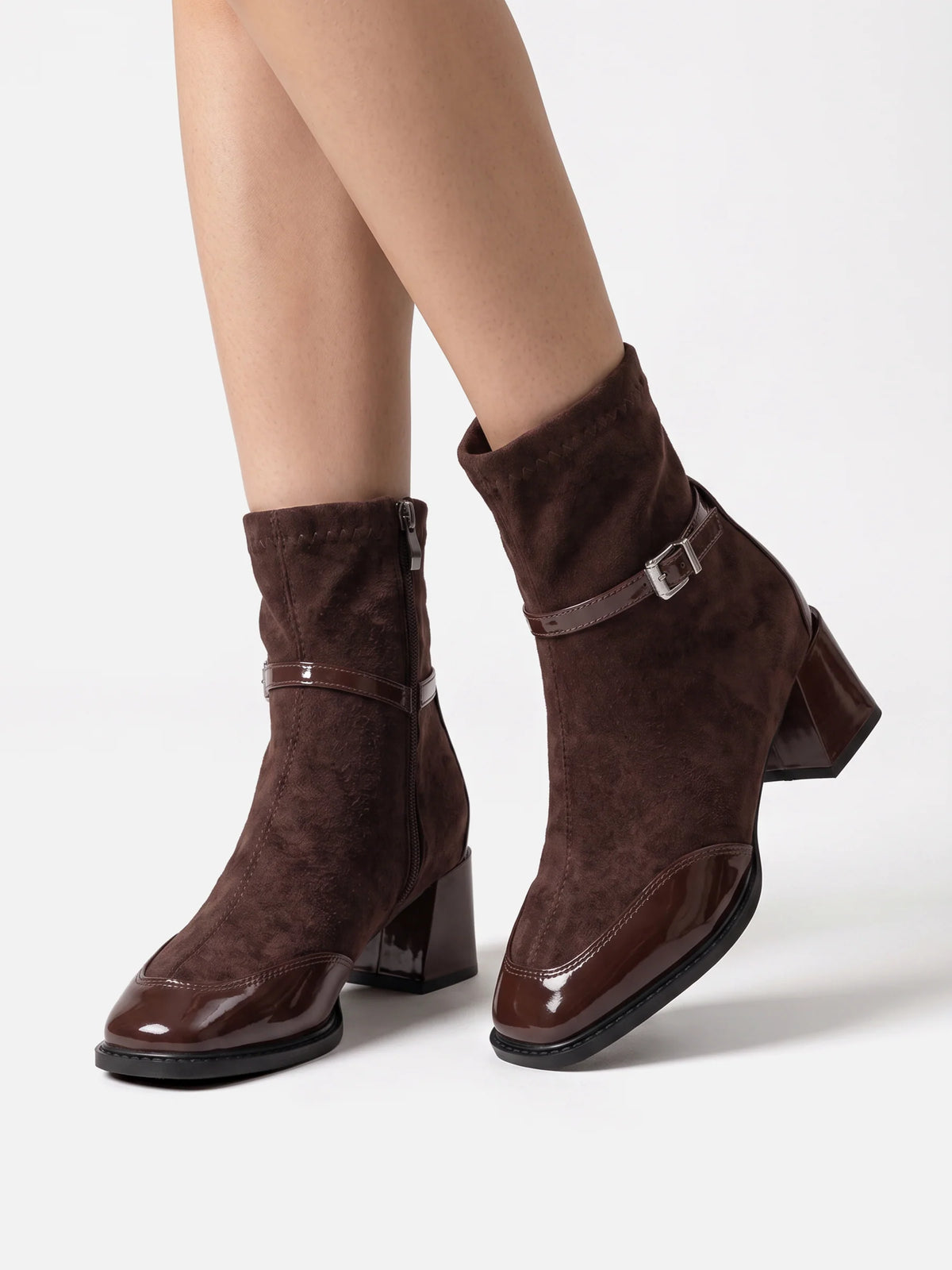 Women's Suede Buckle Block Heel Ankle Boots
