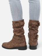 Women's Leather Slouchy Buckle Boots