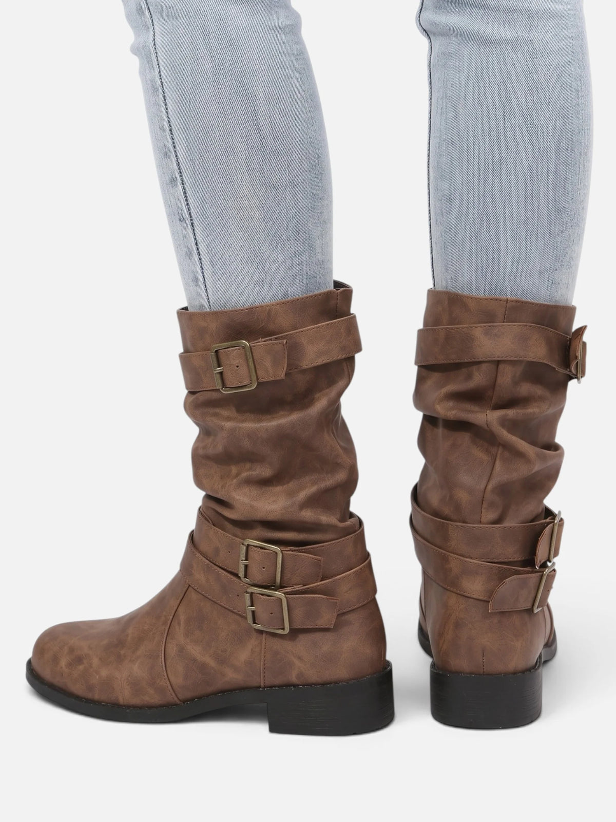 Women's Leather Slouchy Buckle Boots