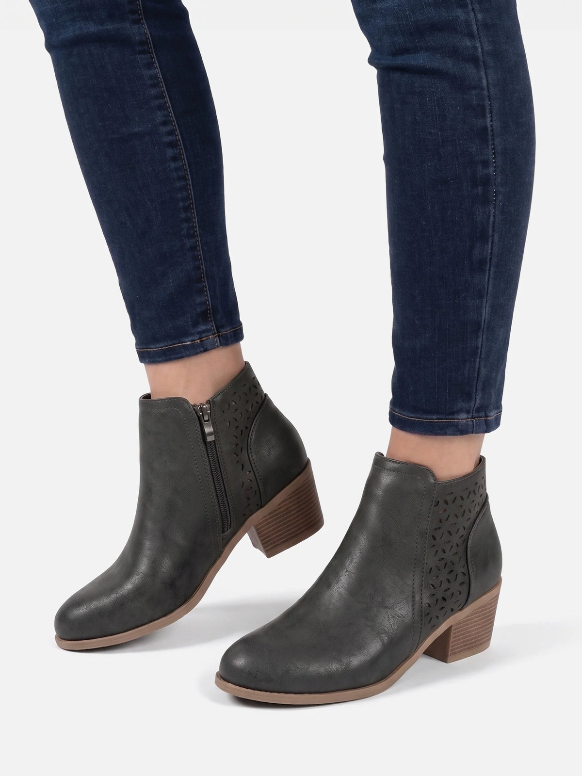 Women's Leather Perforated Block Heel Ankle Boots