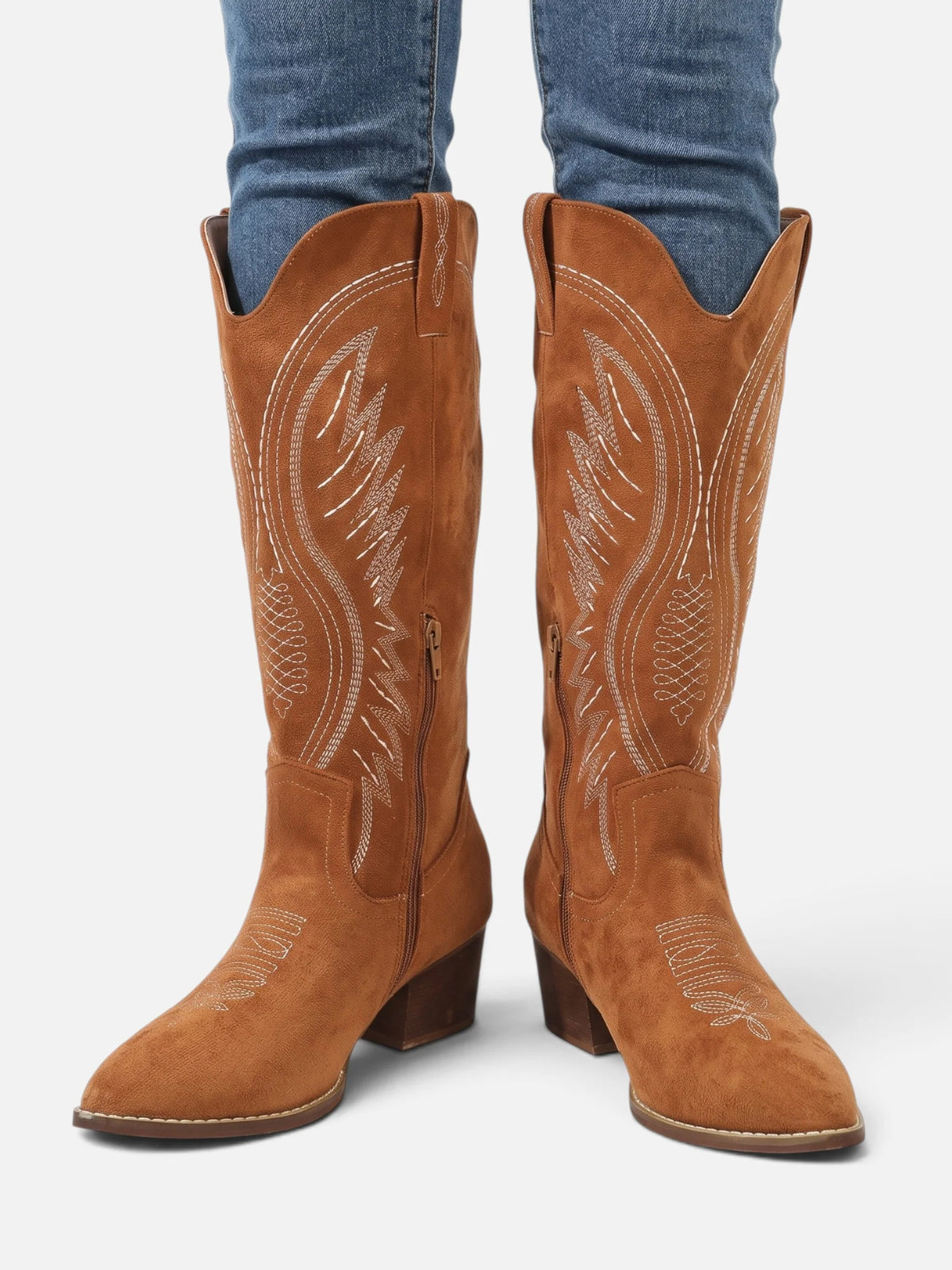 Women's Suede Look Embroidered Tall Cowboy Boots