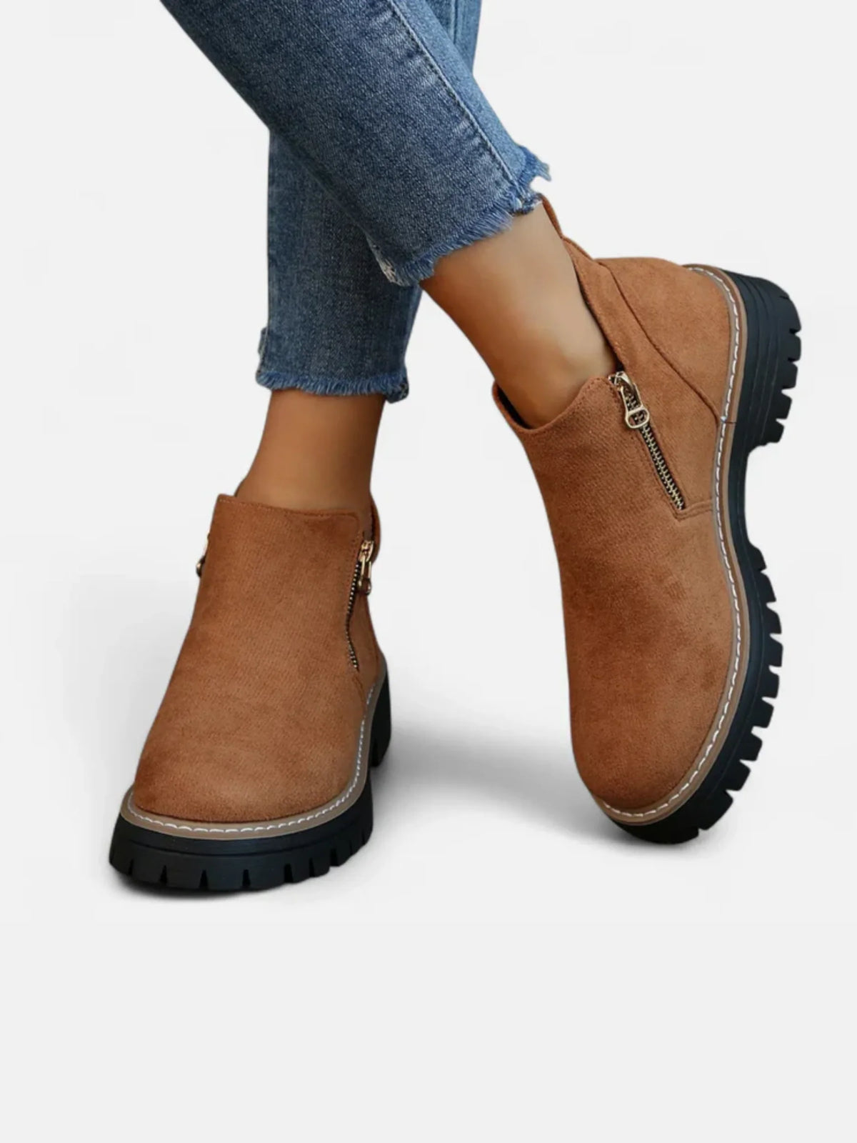 Women's Suede Zip Chunky Sole Ankle Boots