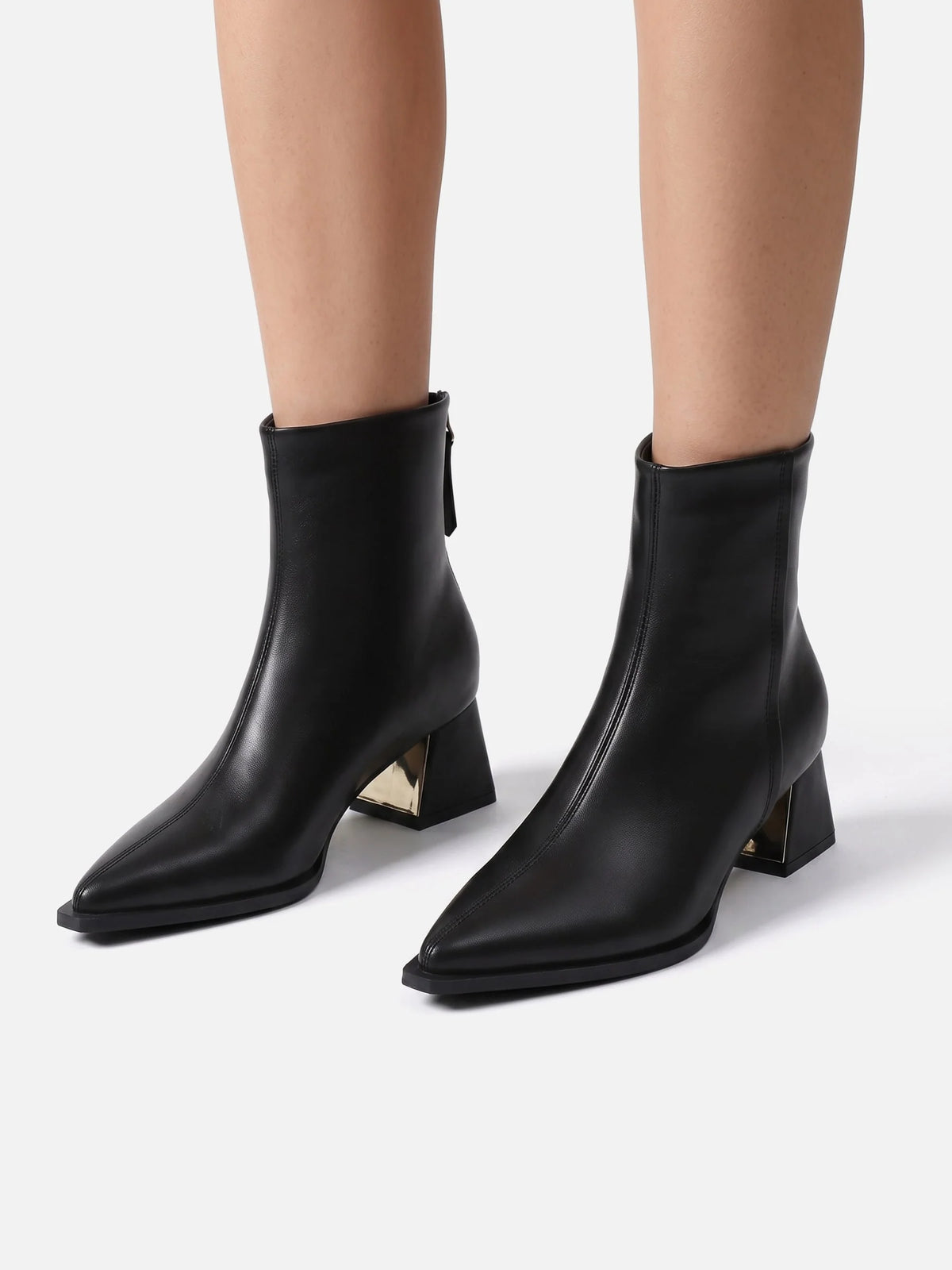 Women's Leather Pointed Toe Block Heel Ankle Boots