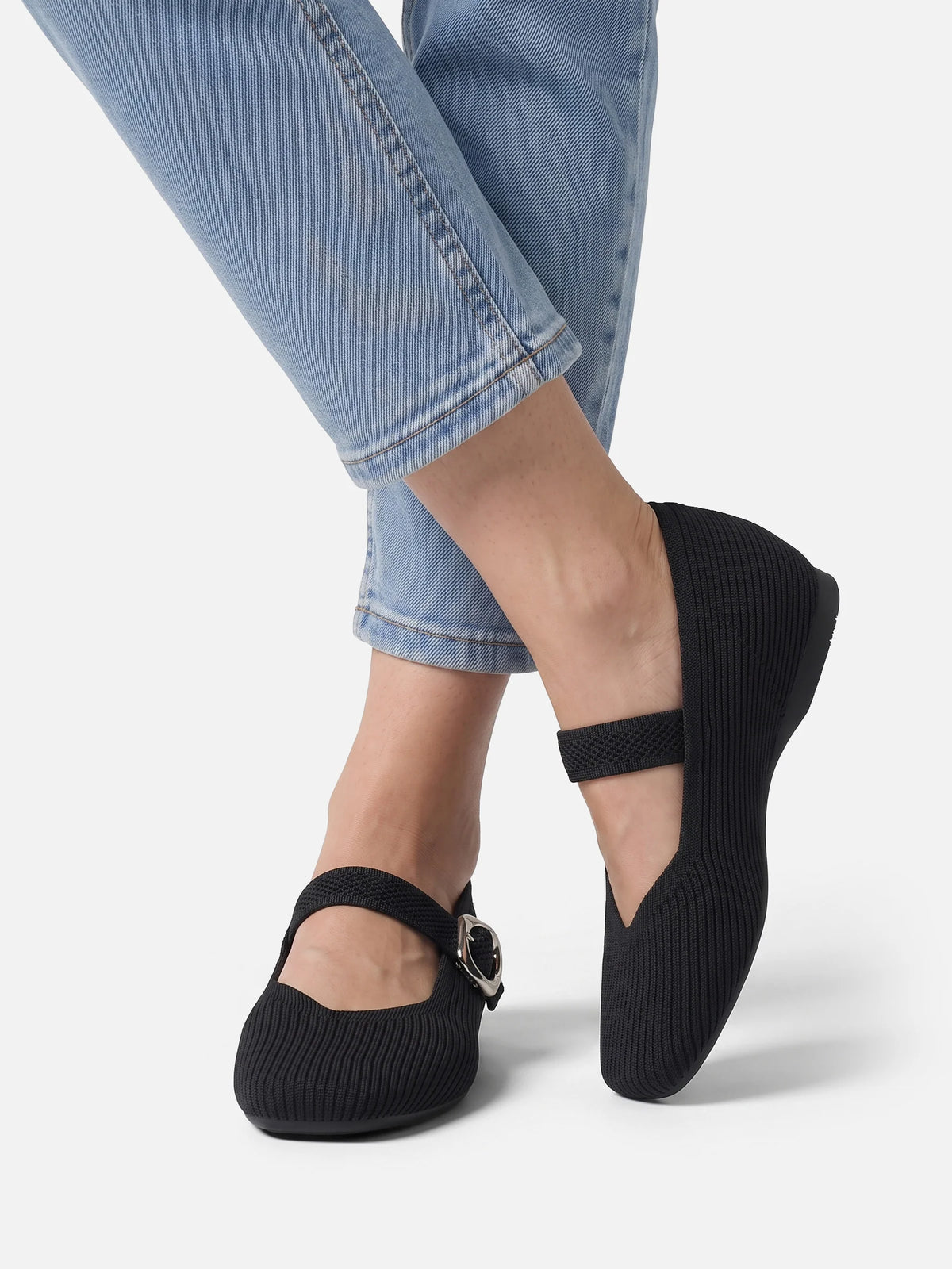 Women's Knit Buckle Mary Jane Ballet Flats