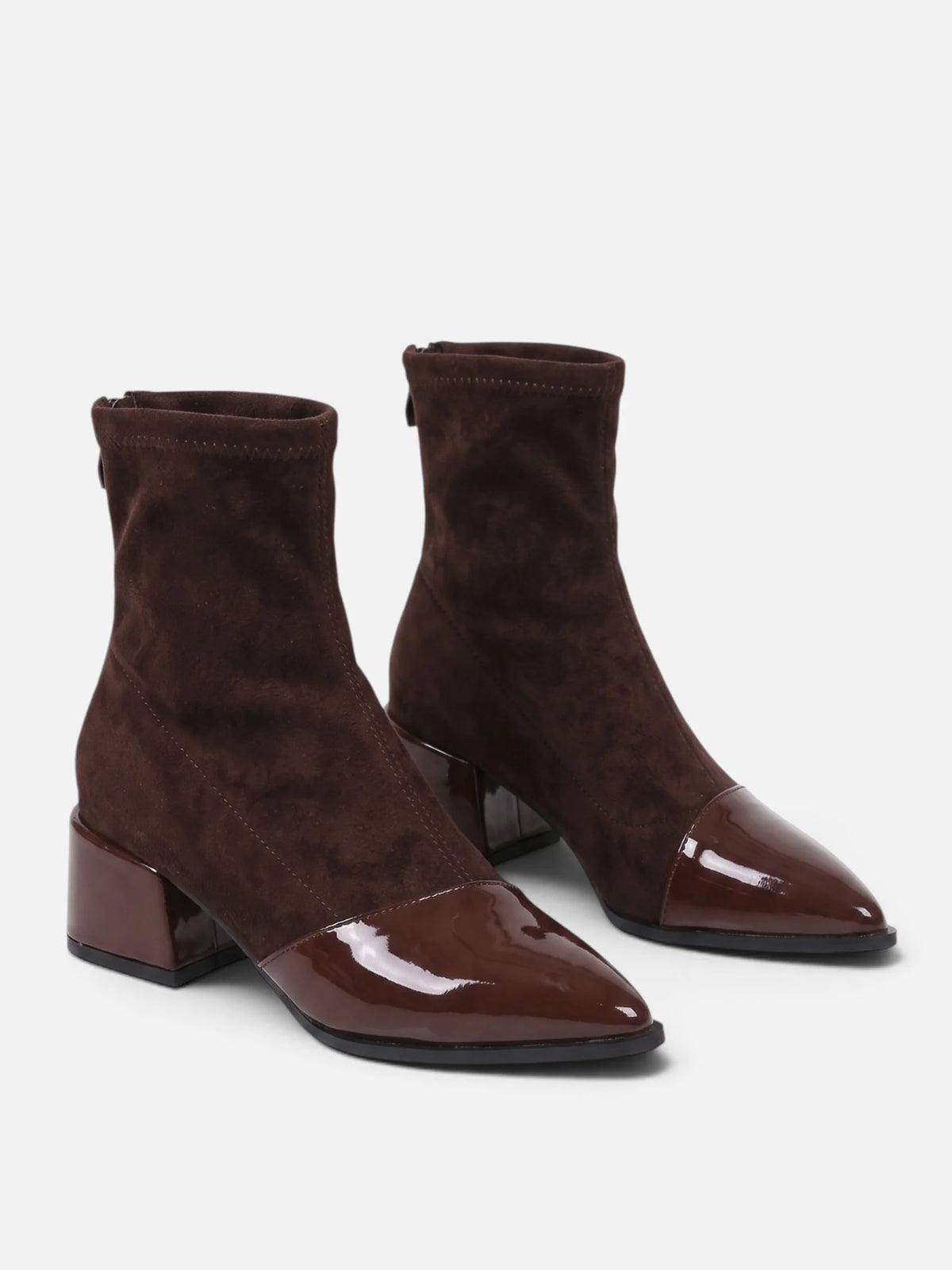 Women's Suede Patent Leather Block Heel Ankle Boots
