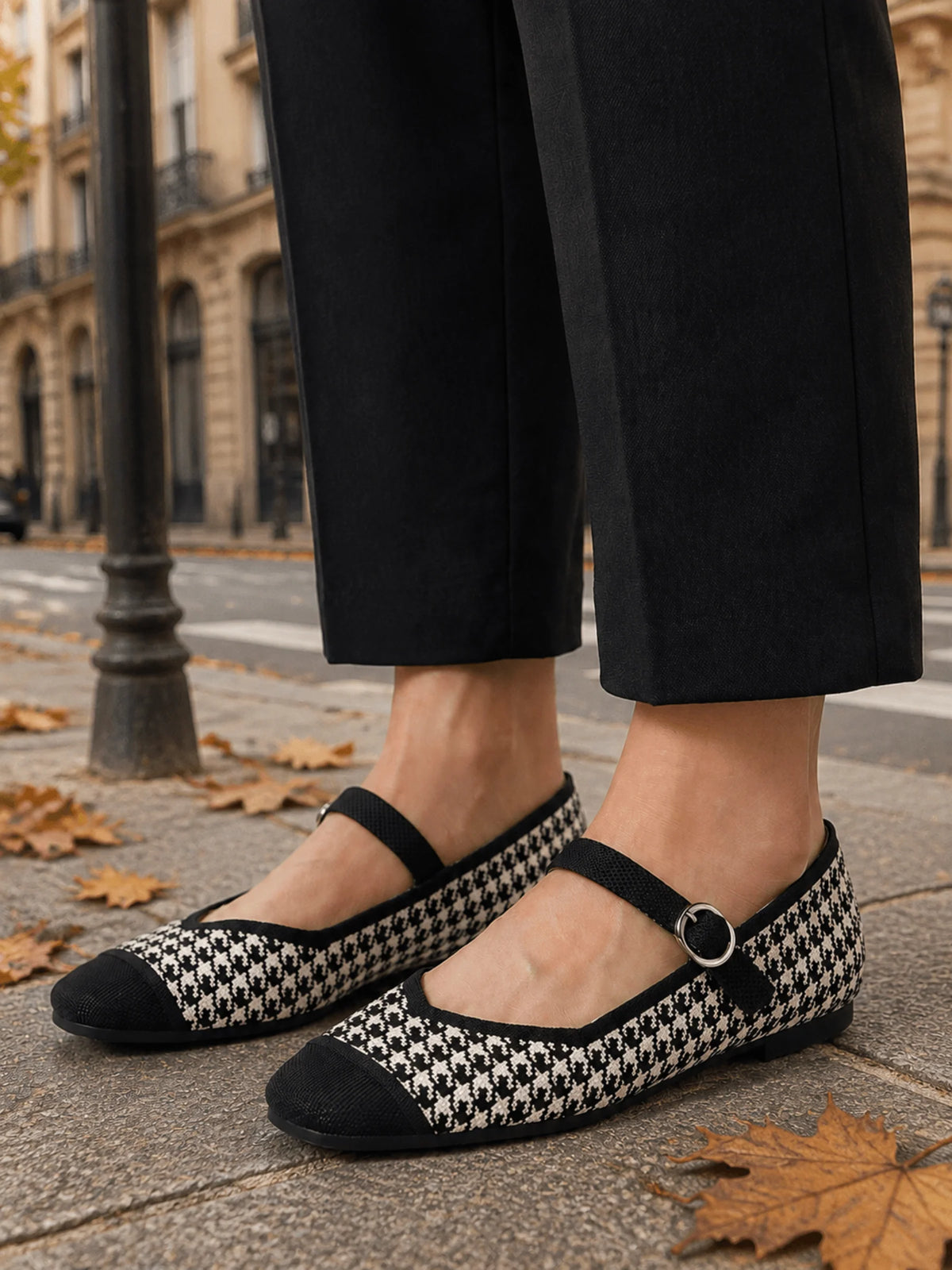 Women's Houndstooth Buckle Mary Jane Ballet Flats