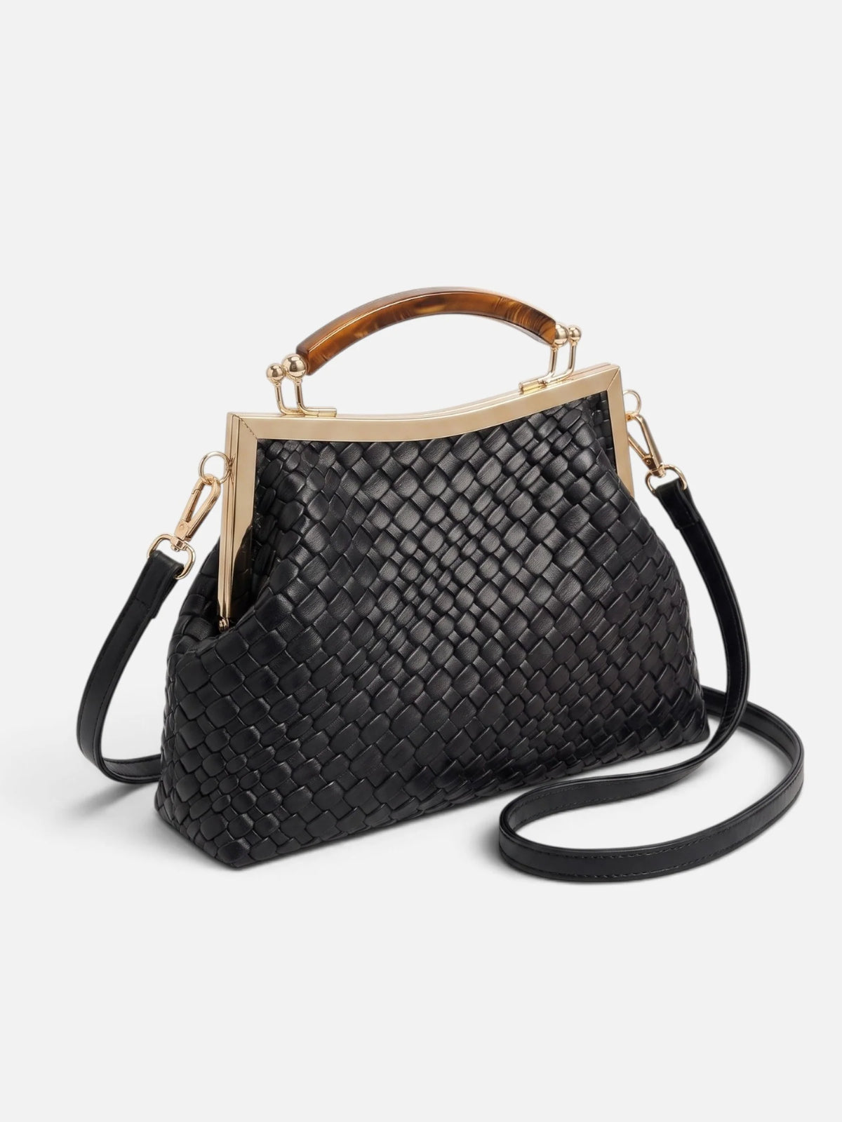 Women's Woven Leather Look Gold Clasp Shoulder Bag