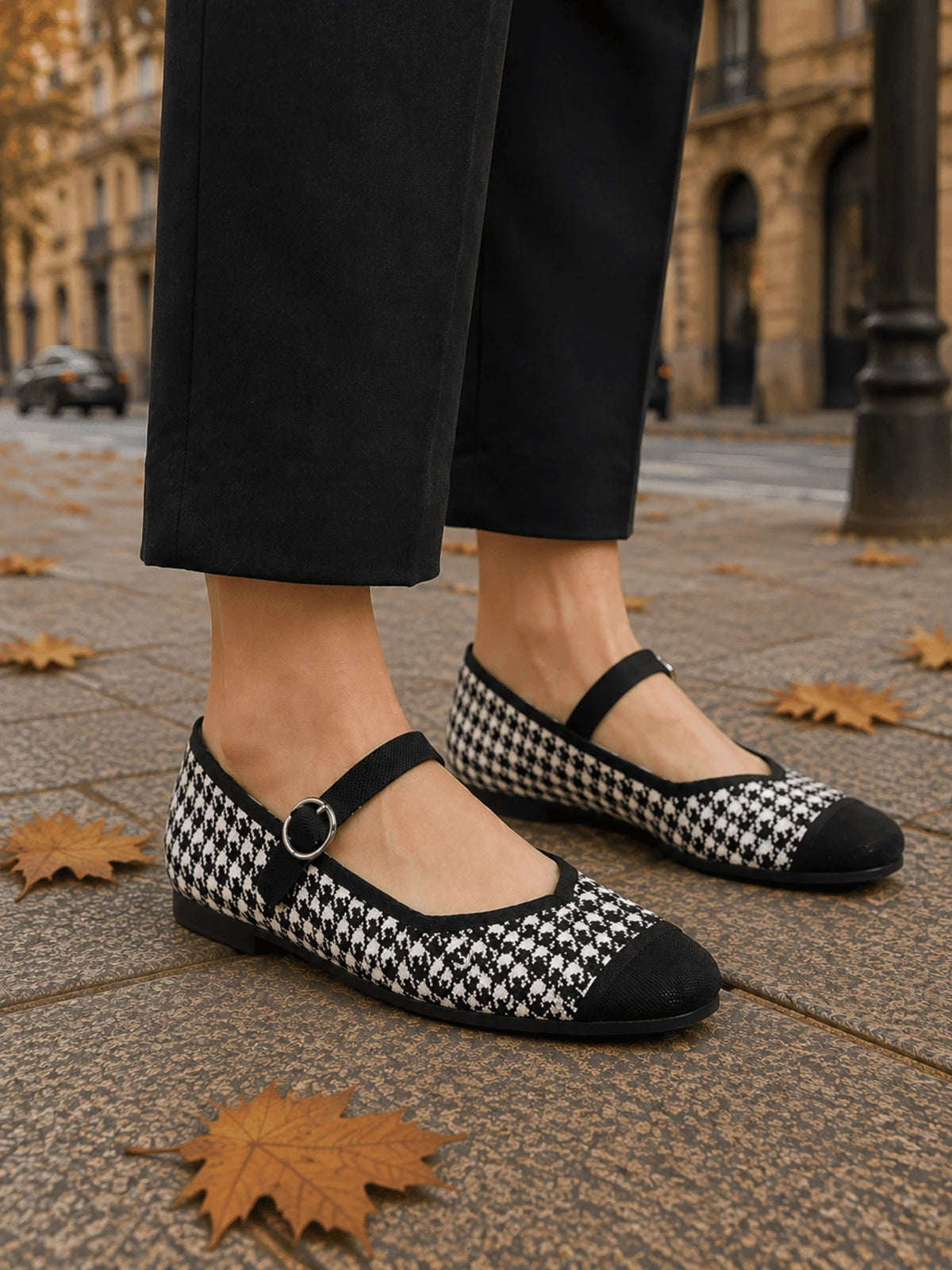 Women's Houndstooth Buckle Mary Jane Ballet Flats
