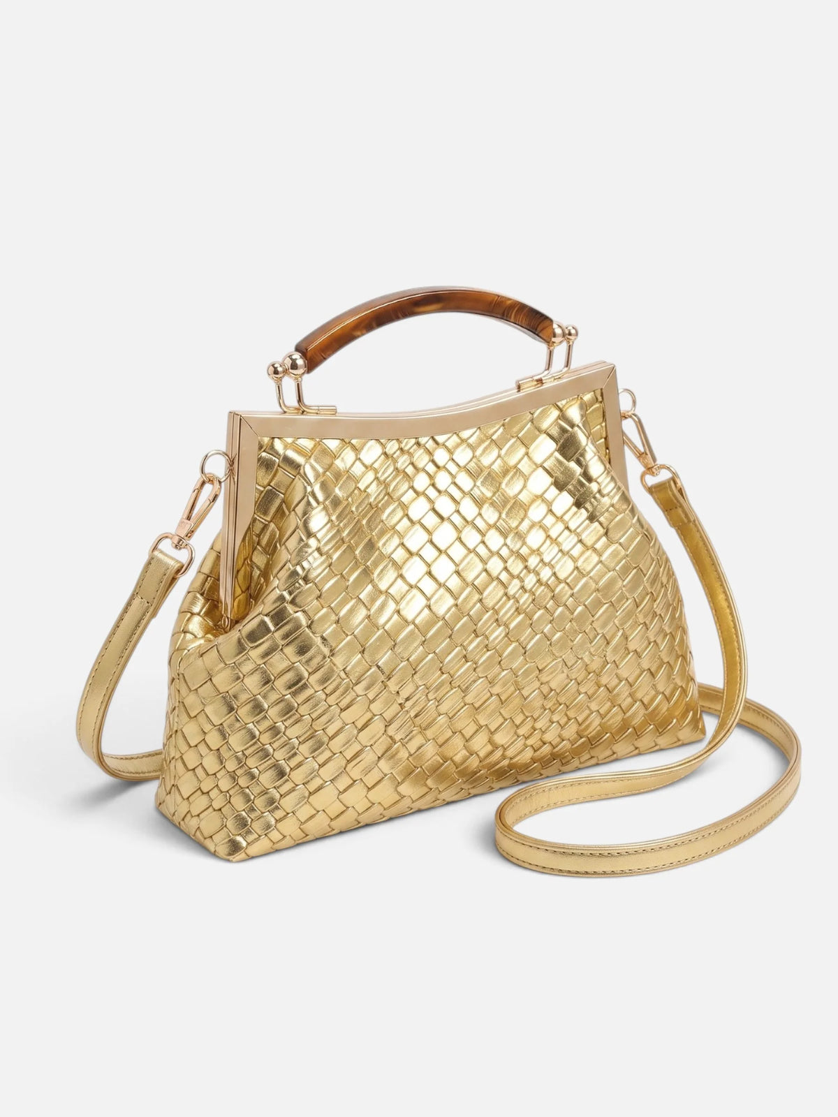 Women's Woven Leather Look Gold Clasp Shoulder Bag