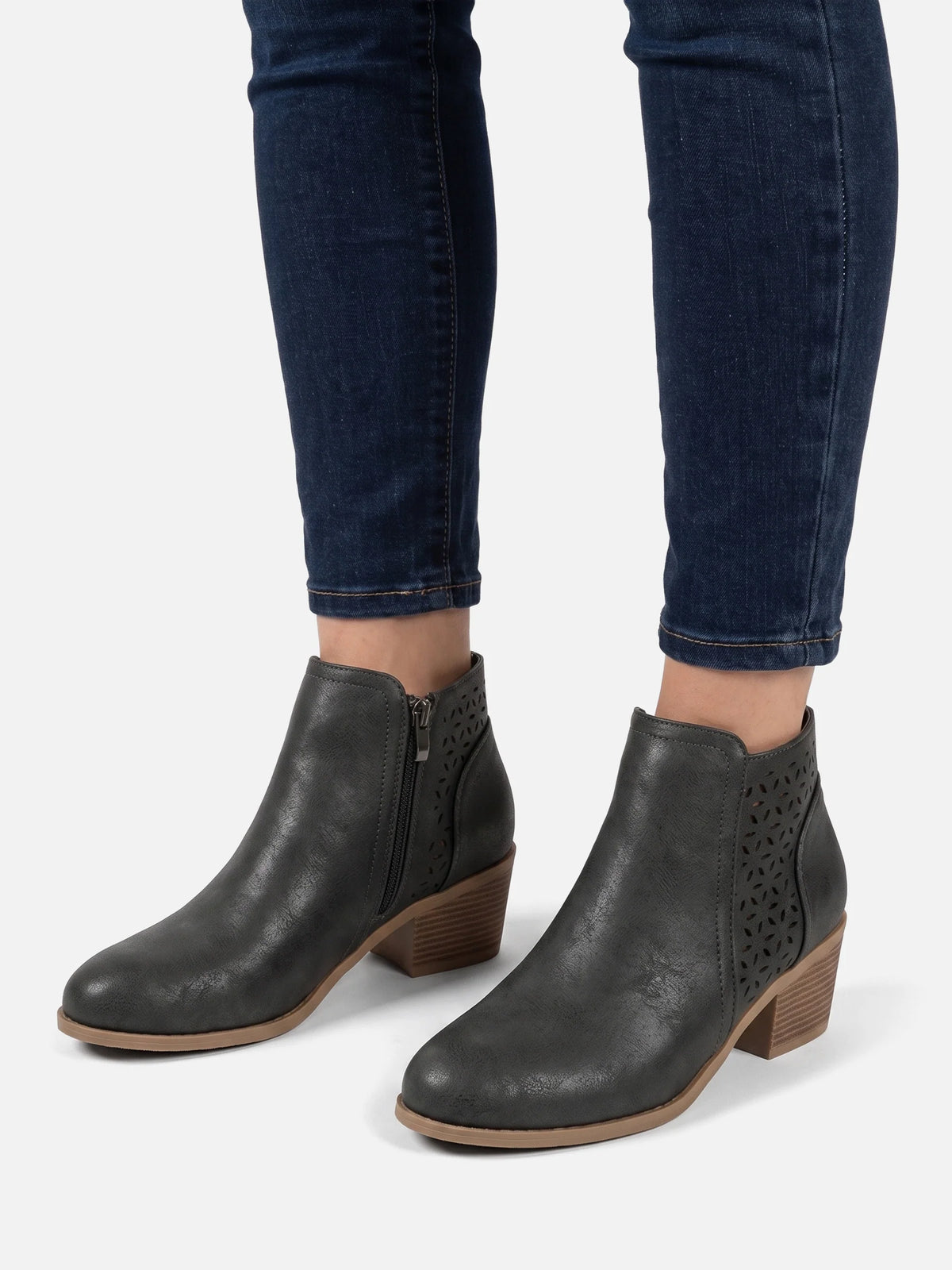 Women's Leather Perforated Block Heel Ankle Boots