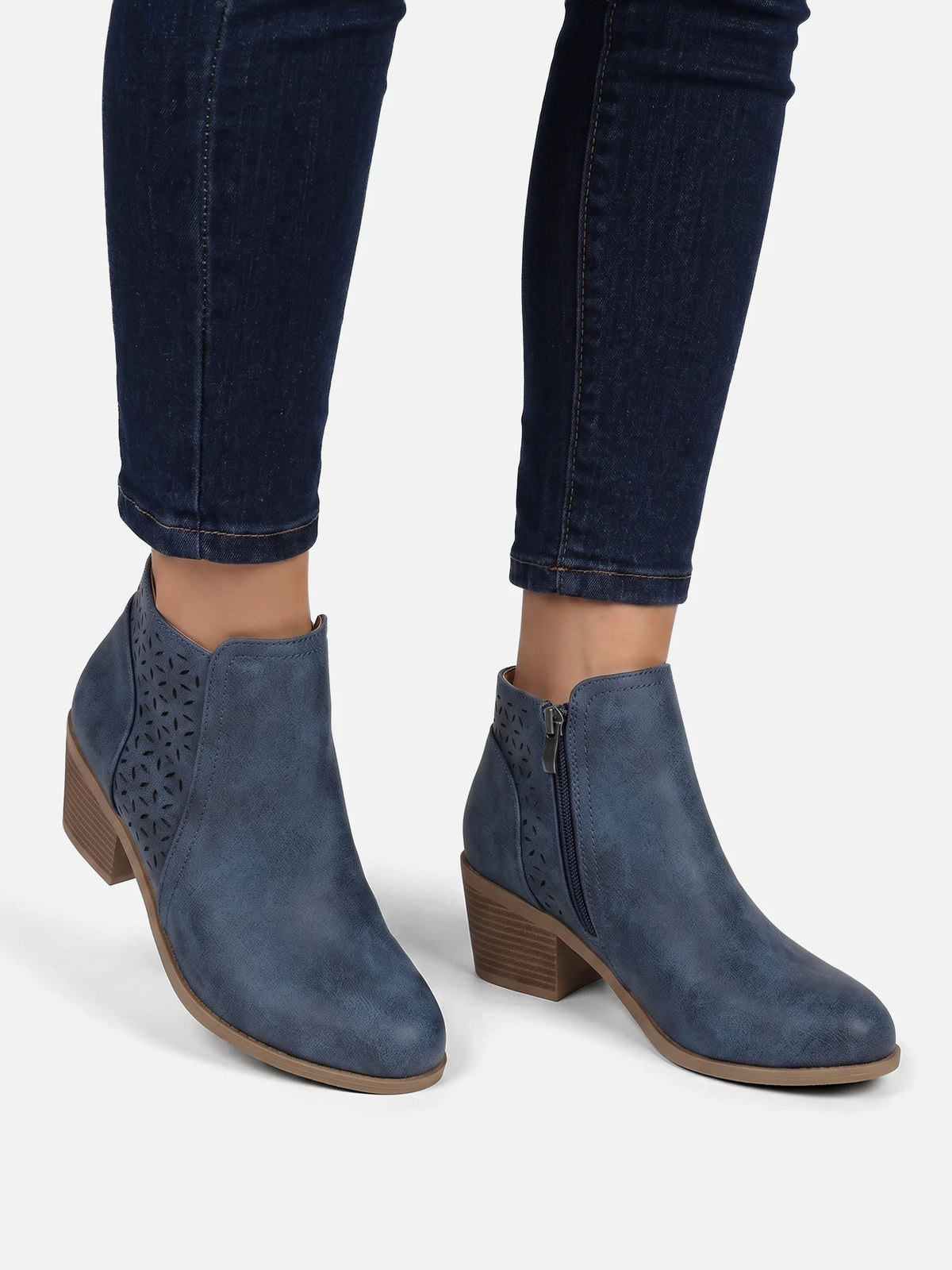 Women's Leather Perforated Block Heel Ankle Boots