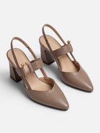 Women's Leather Slingback Buckle Block Heel Pumps