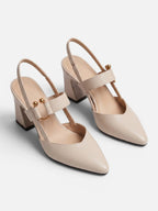 Women's Leather Slingback Buckle Block Heel Pumps