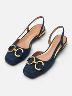 Women's Suede Square Toe Gold Buckle Slingback Flats