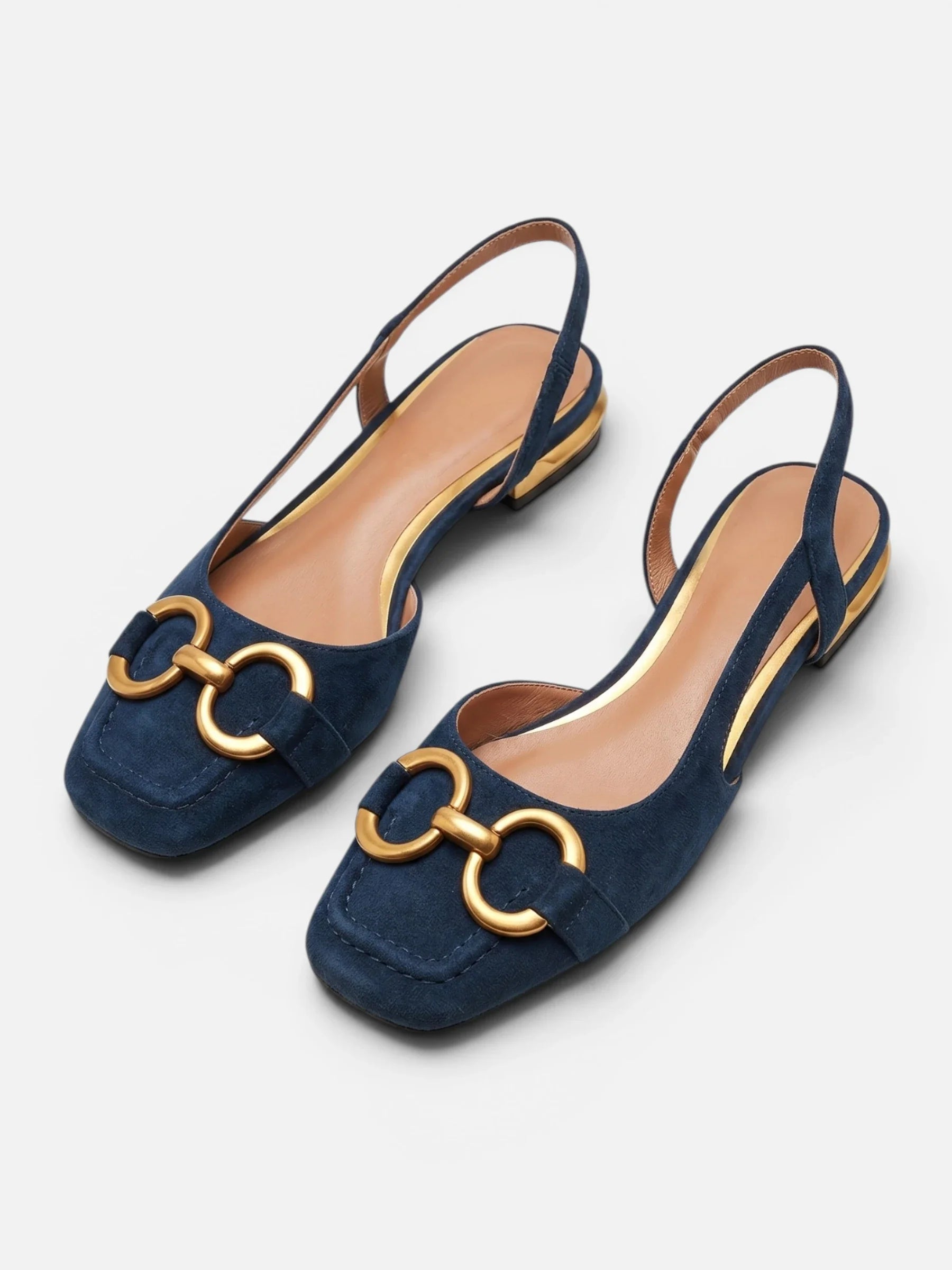 Women's Suede Square Toe Gold Buckle Slingback Flats