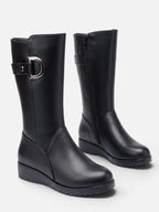 Women's Faux Fur Lined Buckle Wedge Boots