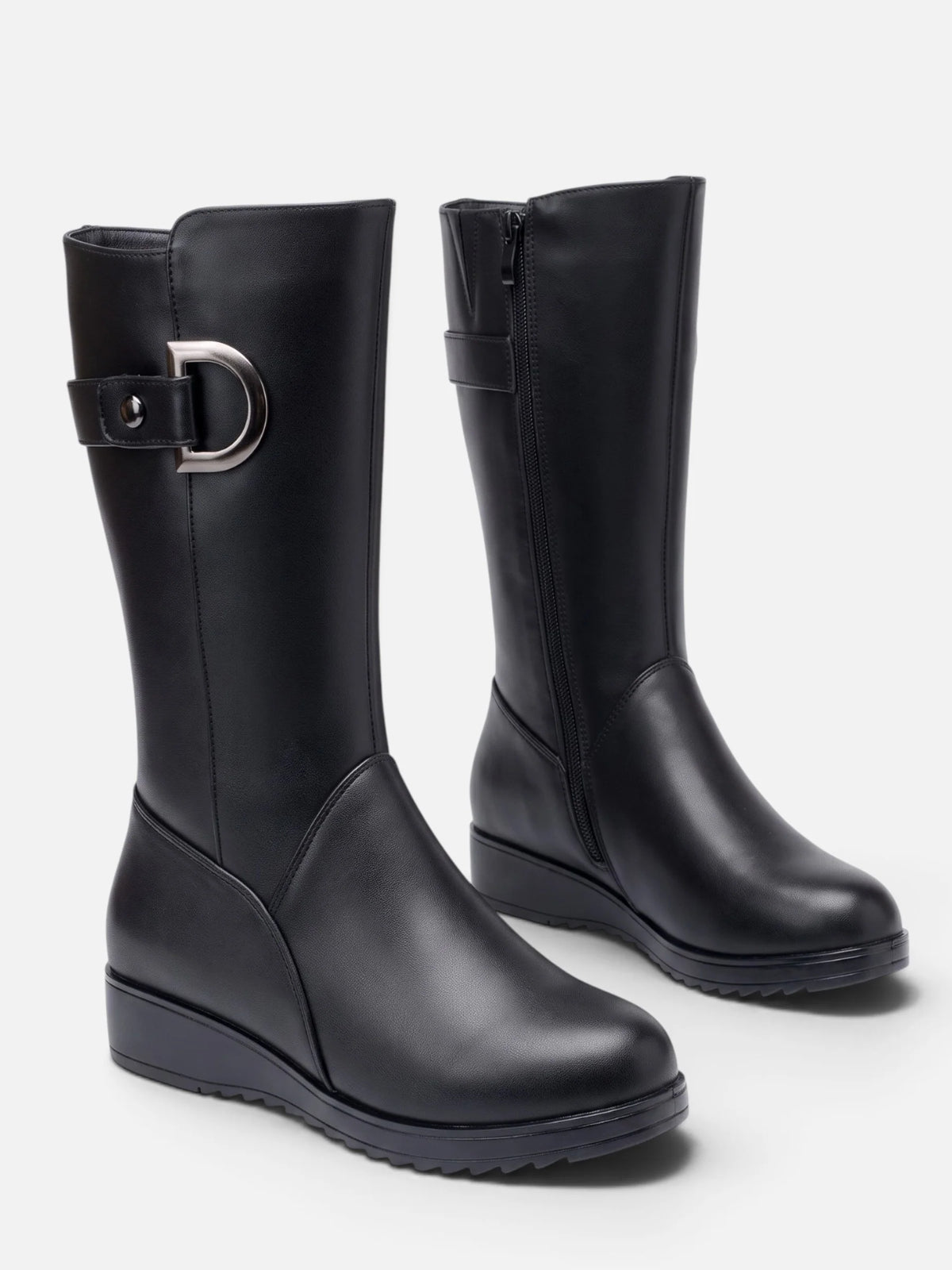 Women's Faux Fur Lined Buckle Wedge Boots